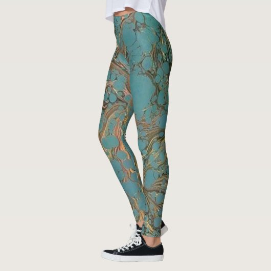 Leggings Turquoise et Or, Marbré. (Gauche)