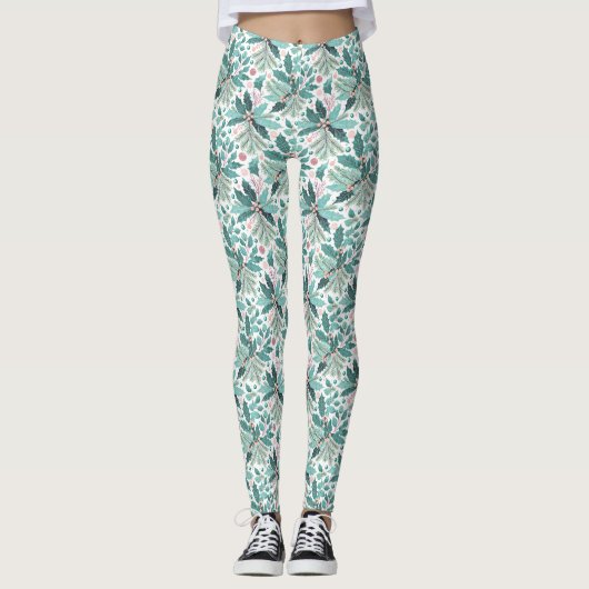 Leggings Turquoise Noël Holly Berries Motif#17 ID1009 (Devant)