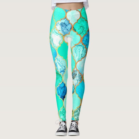 Leggings Turquoise, Or, Motif de sirène bleu vert (Devant)