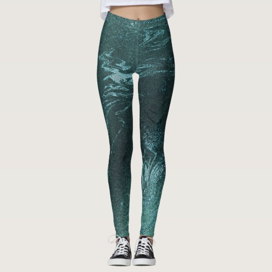 Leggings Turquoise Tropical Green Métallic Abstrait Marbre (Devant)