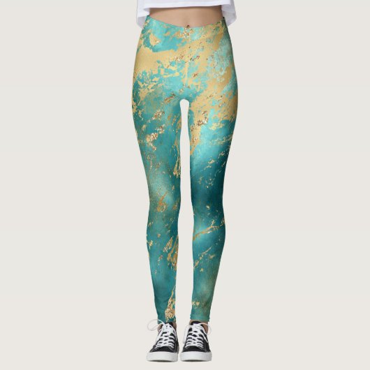 Leggings Turquoise Vert Or Marbre Abstrait Moderne (Devant)