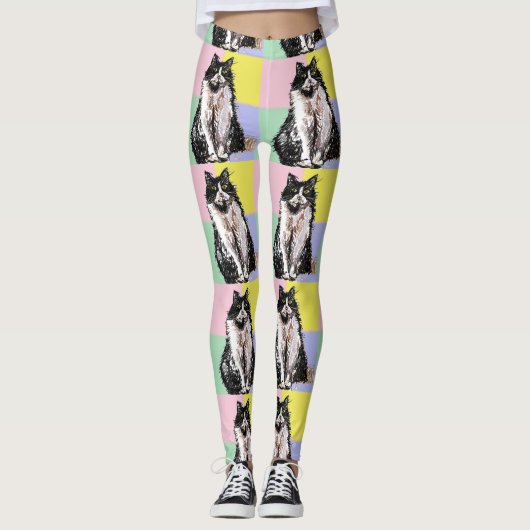 Leggings Tuxedo Chat Cute Chats Noir Blanc Pastel Arc-en-ci (Devant)
