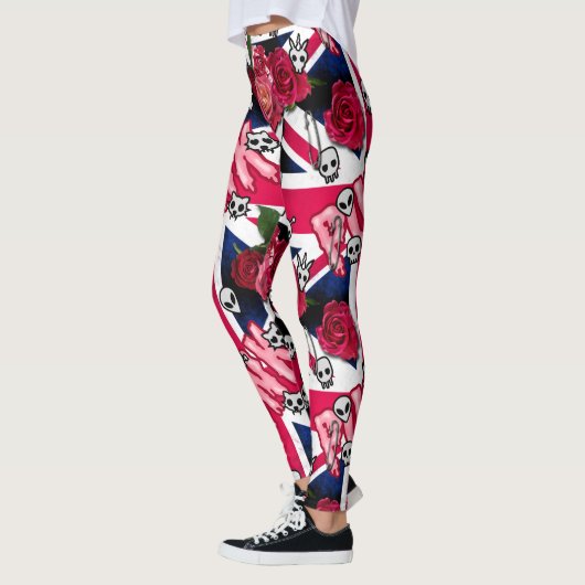 Leggings Union Jack rose punk Grunge avec Emojis et Rose (Gauche)