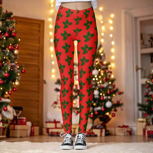 Leggings Vacances de Noël Motif Holly Tree Berries