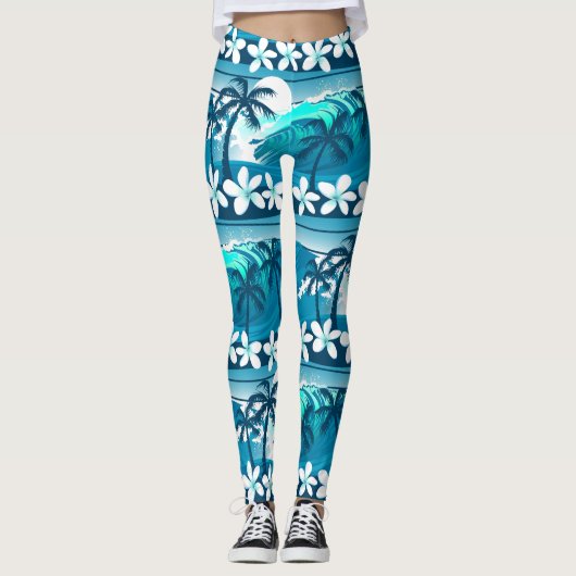 Leggings vague de surf tropicale avec palmiers (Devant)