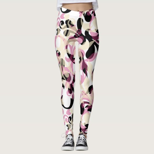 Leggings Vagues Abstraites de couleur noire rose (Devant)