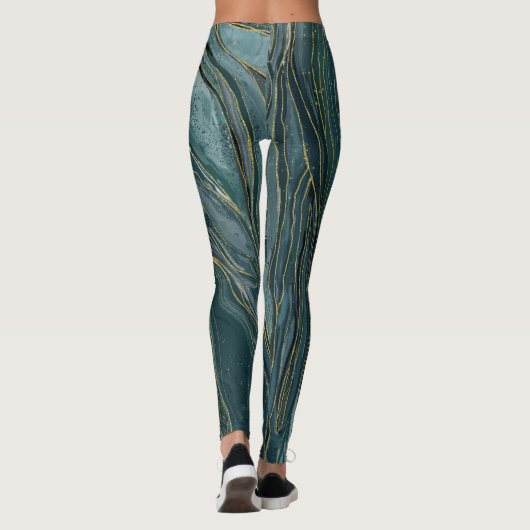 Leggings Vagues aquarelles abstraites bleu sarcelle or (Dos)