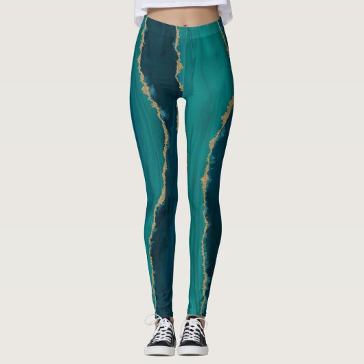 Leggings Vagues d'agate sarcelle – Marbre abstrait avec or (Devant)