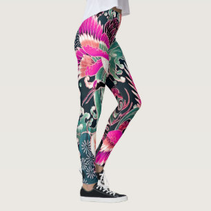 Leggings VAGUES DE CRANES VOLANTES, FLEURS Rose Floral Japo