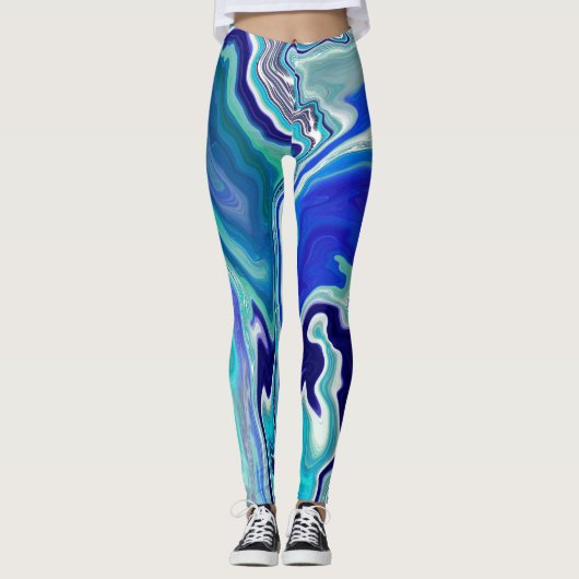 Leggings Vagues de marbre bleu et Turquoise (Devant)