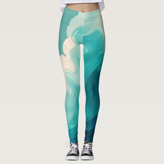 Leggings Vagues fluides sarcelle et blanc (Devant)