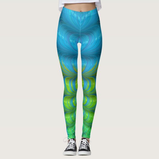 Leggings Vagues pliées de Vert et Bleu Fractal Abstrait (Devant)