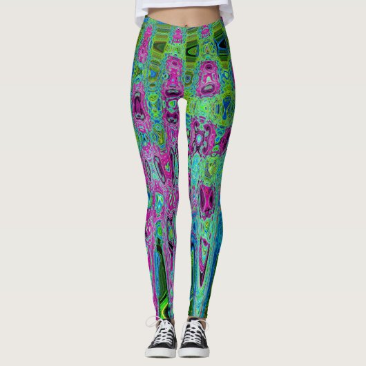 Leggings Vagues rétro Super roses et bleues chaudes (Devant)