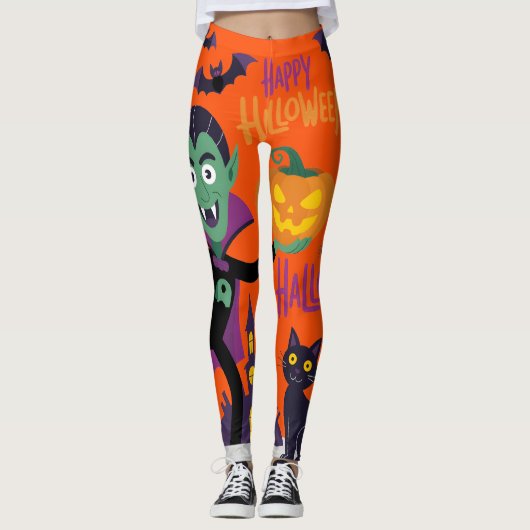 Leggings Vampire amusant, Chat noir et Halloween Citrouille (Devant)