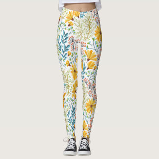 Leggings van gele, Blauwgroen en roze lentbloemen