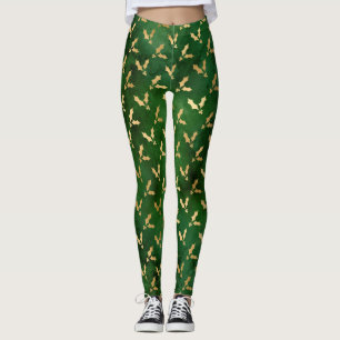 Leggings Vert festif et houx de Noël d'hiver en feuille d'o