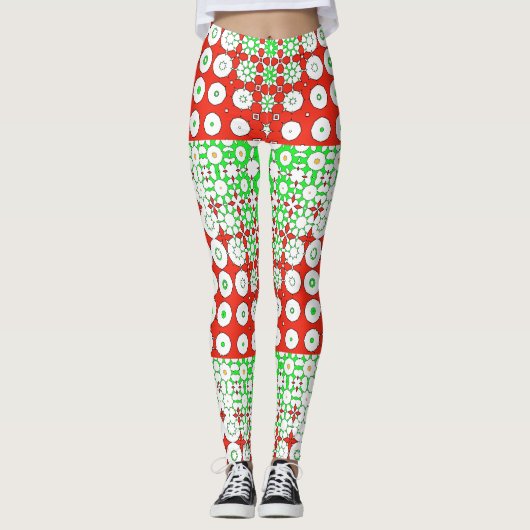 Leggings Vert Funky, Rouge, Motif, Fleurs, (Devant)