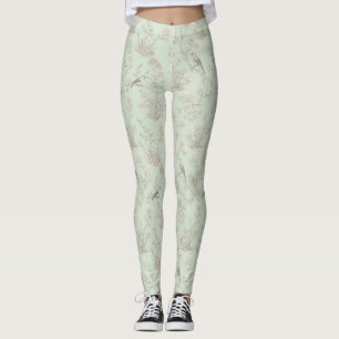 Leggings Vert menthe Toile de Jouy française oiseaux et fle
