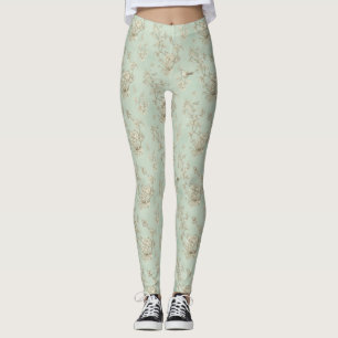 Leggings Vert menthe Toile de Jouy française oiseaux et fle