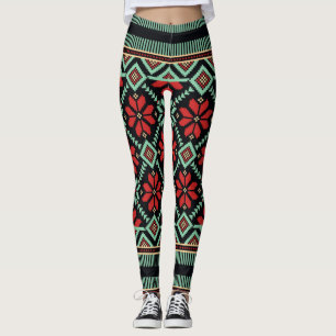 Leggings Vert noir rouge de motif floral nordique de