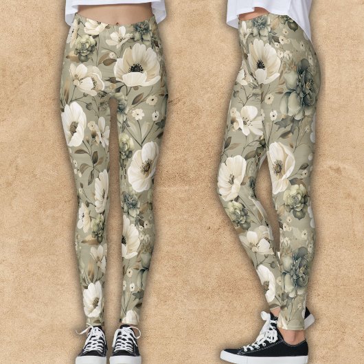 Leggings Vert Sage Et Floral Crème