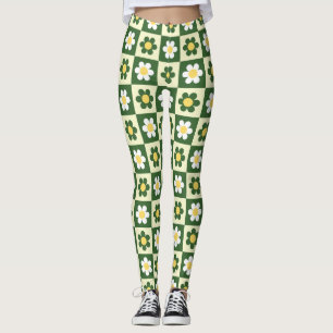 Leggings Vert sauge rétro et damier de marguerites crème