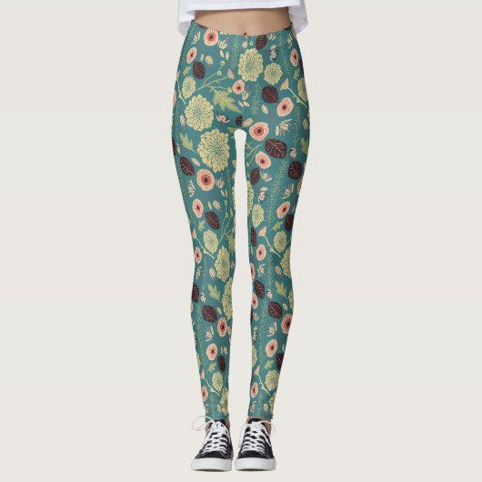 Leggings Vert Turquoise rose Floral Jouer Mix Motif (Devant)