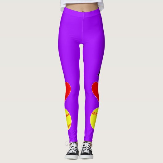 Leggings Vertical I Love/Heart Softball Personnalisé Couleu (Devant)