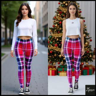 Leggings Vibrant Red Pink Aqua Modern Plaid