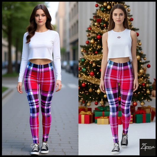 Leggings Vibrant Red Pink Aqua Modern Plaid