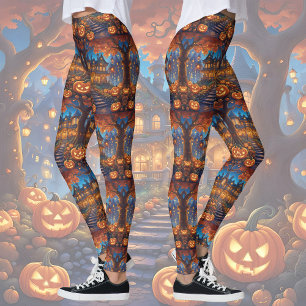 Leggings villa éffrayante dans la forêt, citrouilles, Hallo