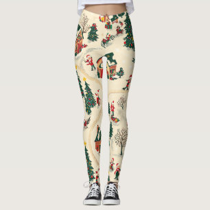 Leggings Village d'hiver nostalgique motif rouge vert or