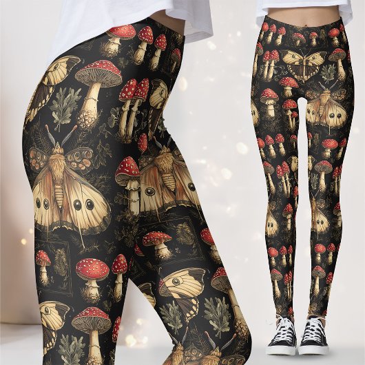 Leggings Vintage Dark Academia Moth Mushroom Pattern Gothic