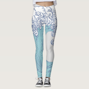 Leggings Vintage japonais Ukiyo-e art de vague de surf Blue