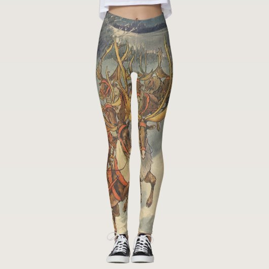 Leggings Vintage Noël Père Noël Sleigh avec Reindeer (Devant)