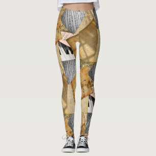 Leggings Vintage Piano Keys Musical Notes antique feuille