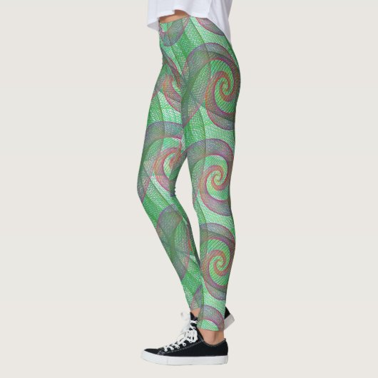 LEGGINGS - Violet Swirls Over Green Swirl Design (Gauche)