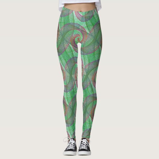LEGGINGS - Violet Swirls Over Green Swirl Design (Devant)