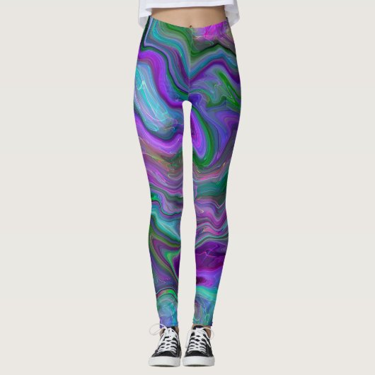 Leggings Violet, vert et bleu Fluid Art Abstrait (Devant)