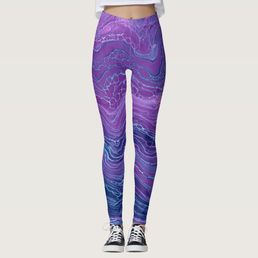 Leggings Violet Violet Bleu Marbré Acrylique Abstraction (Devant)