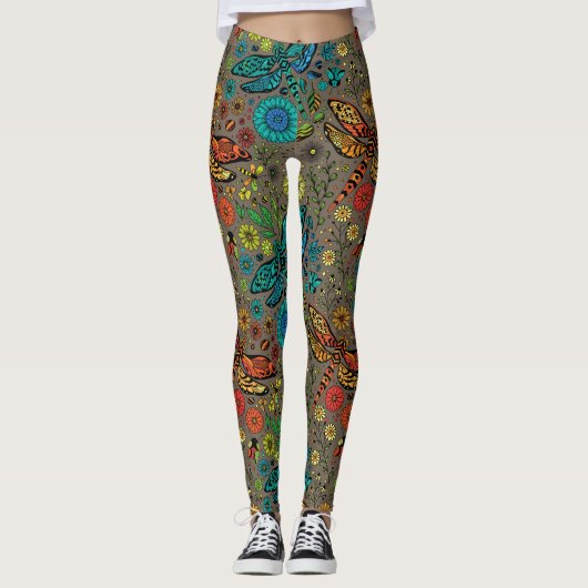 Leggings Voler, libellule de mouche sur brun (Devant)