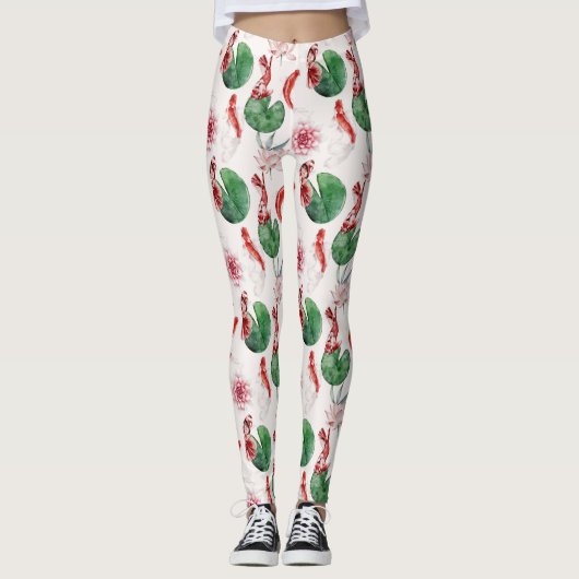 Leggings Watercolor Art Koi Fish Lotus Lily Pad (Devant)