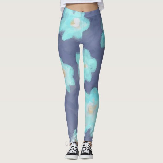 Leggings Watercolor floral teal cyan wildflowers navy blue (Devant)