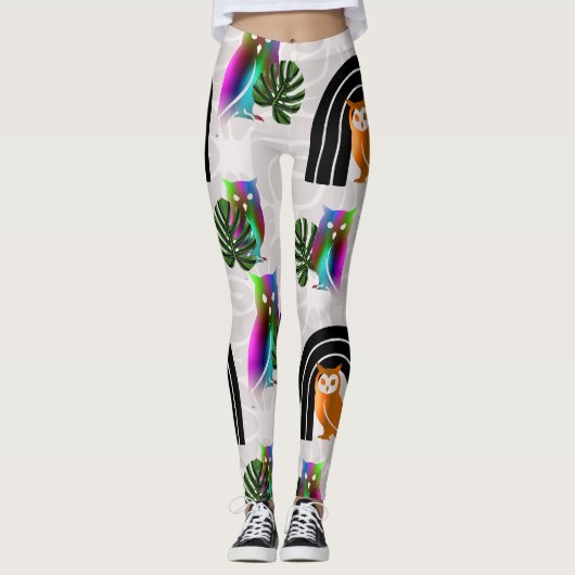 Leggings Whimsical Boho Owl & Tropical Monstera Leaf (Devant)