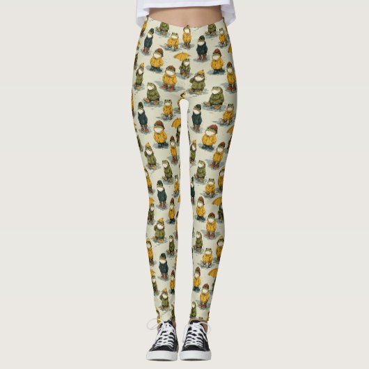 Leggings Whimsical Frogs in Raincoats Pattern (Devant)