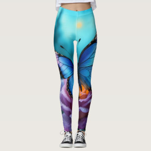 Leggings Whispers of the Garden Blue Butterfly & Mauve Rose