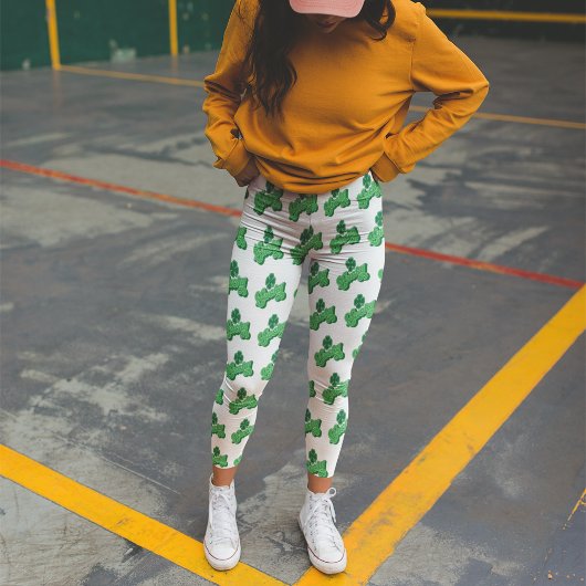 Leggings White Green Lucky Clover Leaf St. Patrick's Day