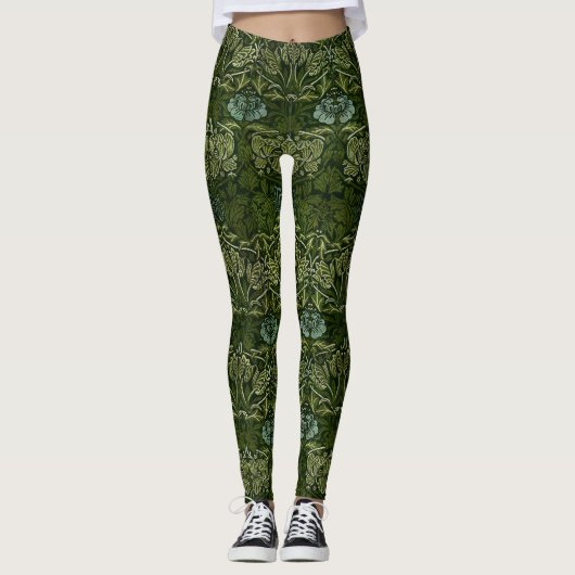 Leggings William Morris Grand Feuille vert & Fleur bleue (Devant)
