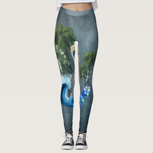 Leggings Wonderful pelican with wave and palm trees (Devant)