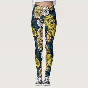 Leggings Yellow, white and bi-color roses with blue leaves